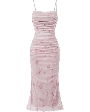 GORGLITTER Women's Floral Ruched Bodycon Midi Dress Mesh Sleeveless Fishtail Cami Dresses | Amazon (US)