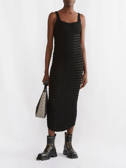Balmain - Textured Rib-knit Midi Dress - Womens - Black | Matches (UK)