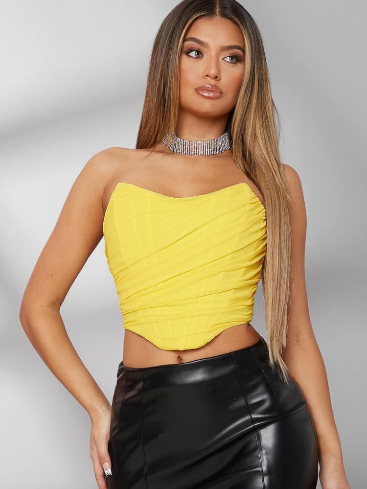 Asymmetrical Hem Ruched Mesh Overlay Tube Top | SHEIN
