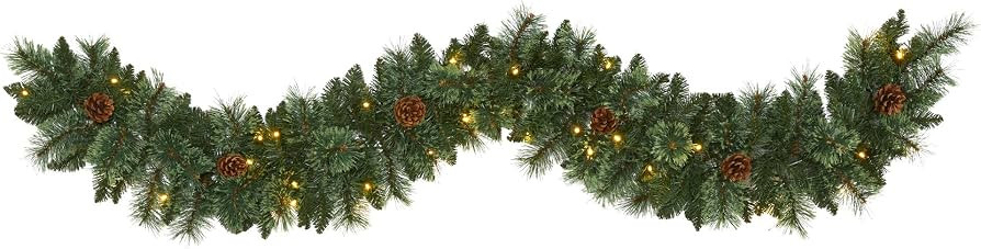 6' Green Flowering Pine Needle & PVC Mixed Tips Garland with 35 battery BOX LEDs | Amazon (US)