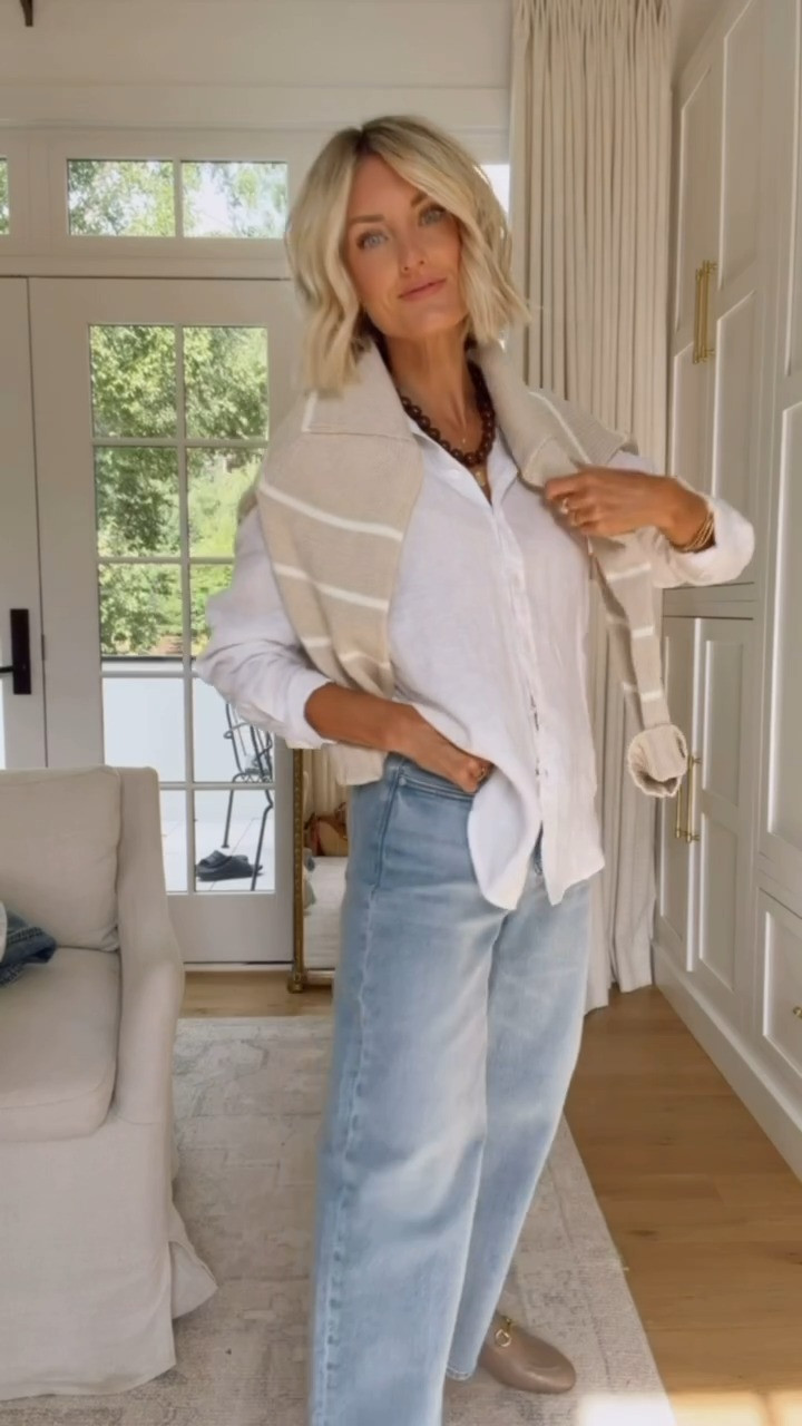 An outfit curated from staples! These pieces are perfect for transitioning you into the fall! Wearing M in the button down & 26 in the jeans!

Loverly Grey, Quince, pre fall outfit, fall staples, closet staples, capsule wardrobe, mules, barrel jeans, button down, striped sweater 

 #LTKSeasonal