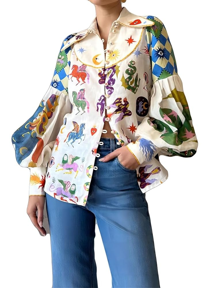 Women's Long Puff Sleeve Lapel Button Graffiti Printed Bodycon Sexy Nightclub Party Blouse Shirts... | Amazon (US)