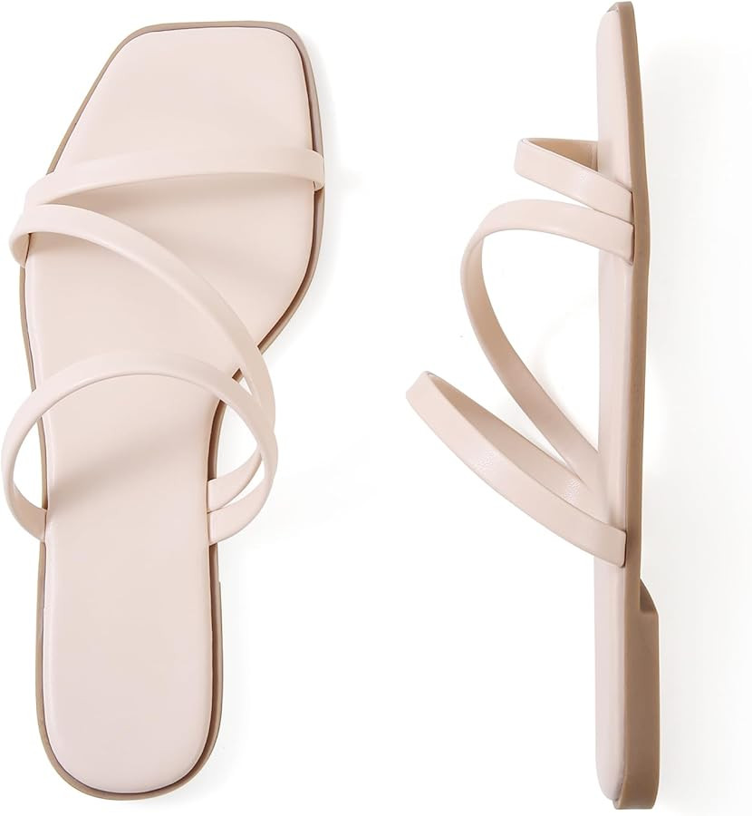 LACUONE Strappy Flat Sandals For Women Slip On Square Open Toe Slides Sandals | Amazon (US)