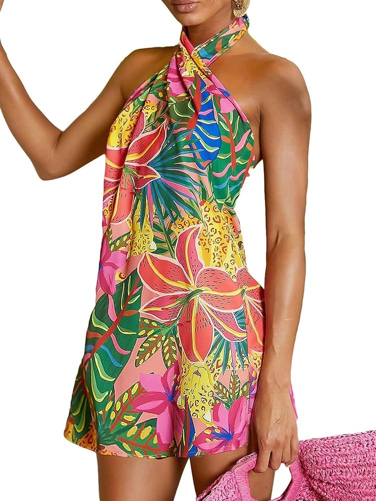 SOLY HUX Women's Tropical Print Crisscross Halter Backless Dress Sleeveless Boho Mini Dresses | Amazon (US)