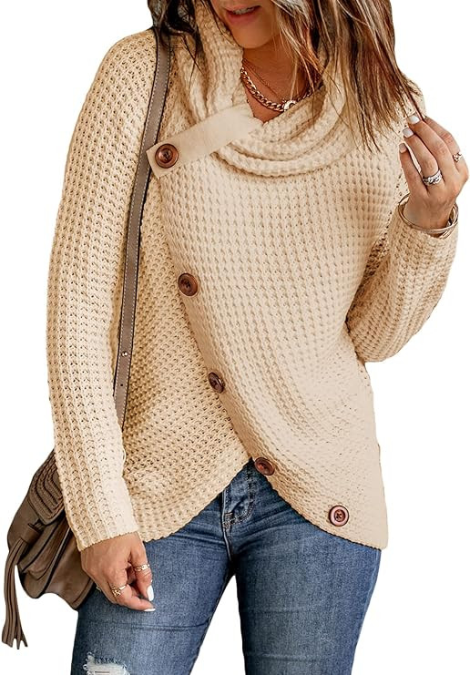 Zecilbo Women's Buttoned Wrap Turtleneck Sweater Long Sleeve High Neck Sweaters Knit Pullover Top... | Amazon (US)