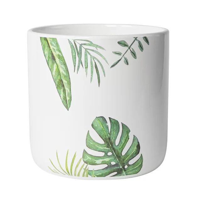 Mainstays 5.9”D x 5.9”H Round Ceramic Green Leaves Planter, White | Walmart (US)