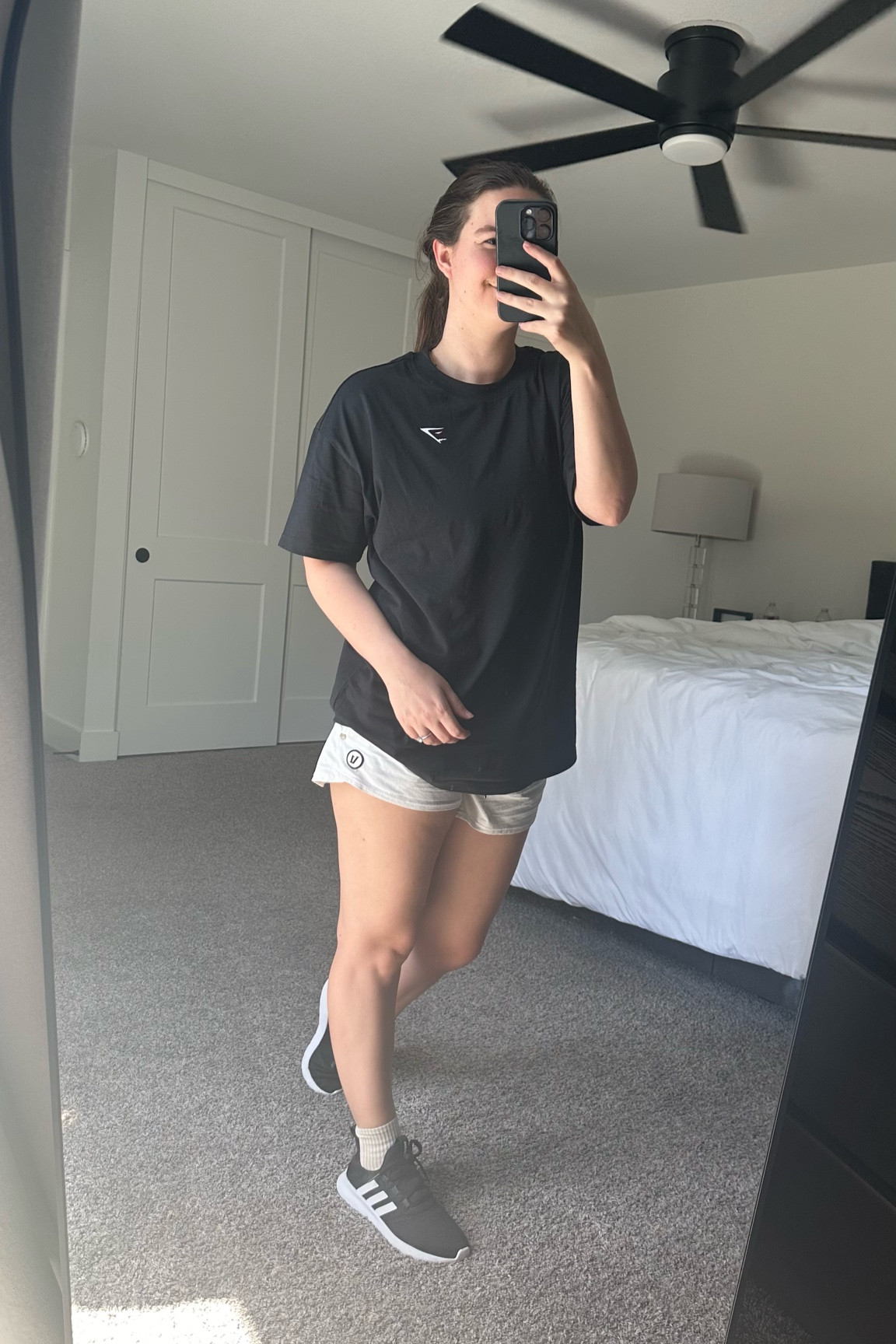 Simple workout and running outfit with an oversized Gymshark shirt and Vuori shorts. Wearing it with some crew socks and Adidas cloud shoes  

#LTKActive #LTKSeasonal #LTKFitness