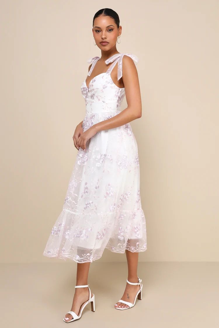 Distinctly Sweet White Floral Embroidered Tie-Strap Midi Dress | Lulus