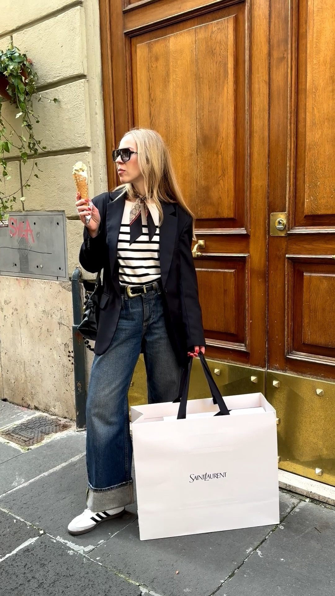 Travel look, spring outfit, oversized black blazer, striped sweater, Gucci silk scarf, @Zara cuffed baggy jeans, Adidas Samba sneakers, spring break 

#LTKSaleAlert #LTKSeasonal #LTKTravel