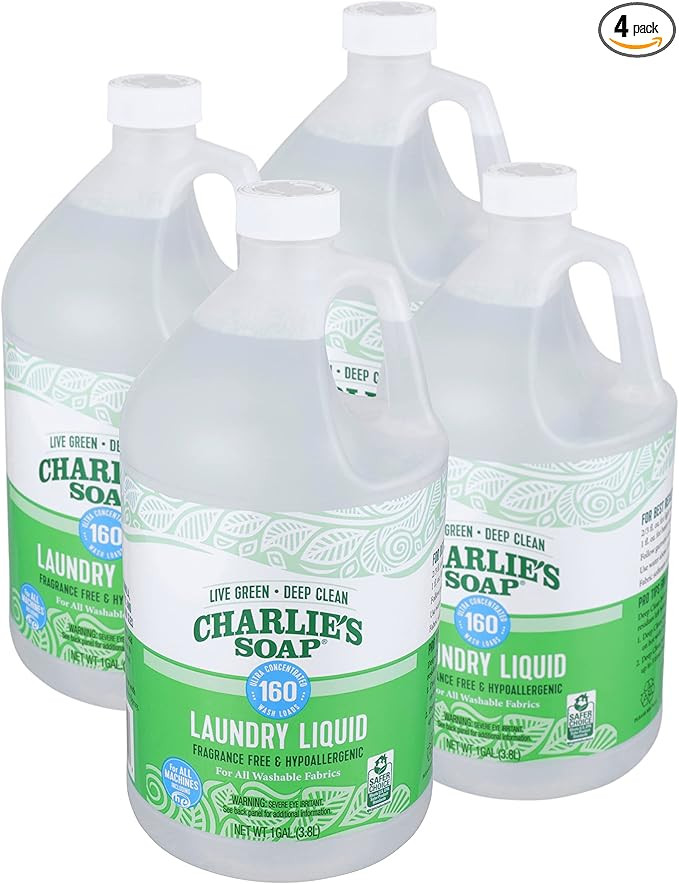 Charlie’s Soap Laundry Liquid (160 Loads, 4 Pack) Natural Deep Cleaning Hypoallergenic Laundry ... | Amazon (US)
