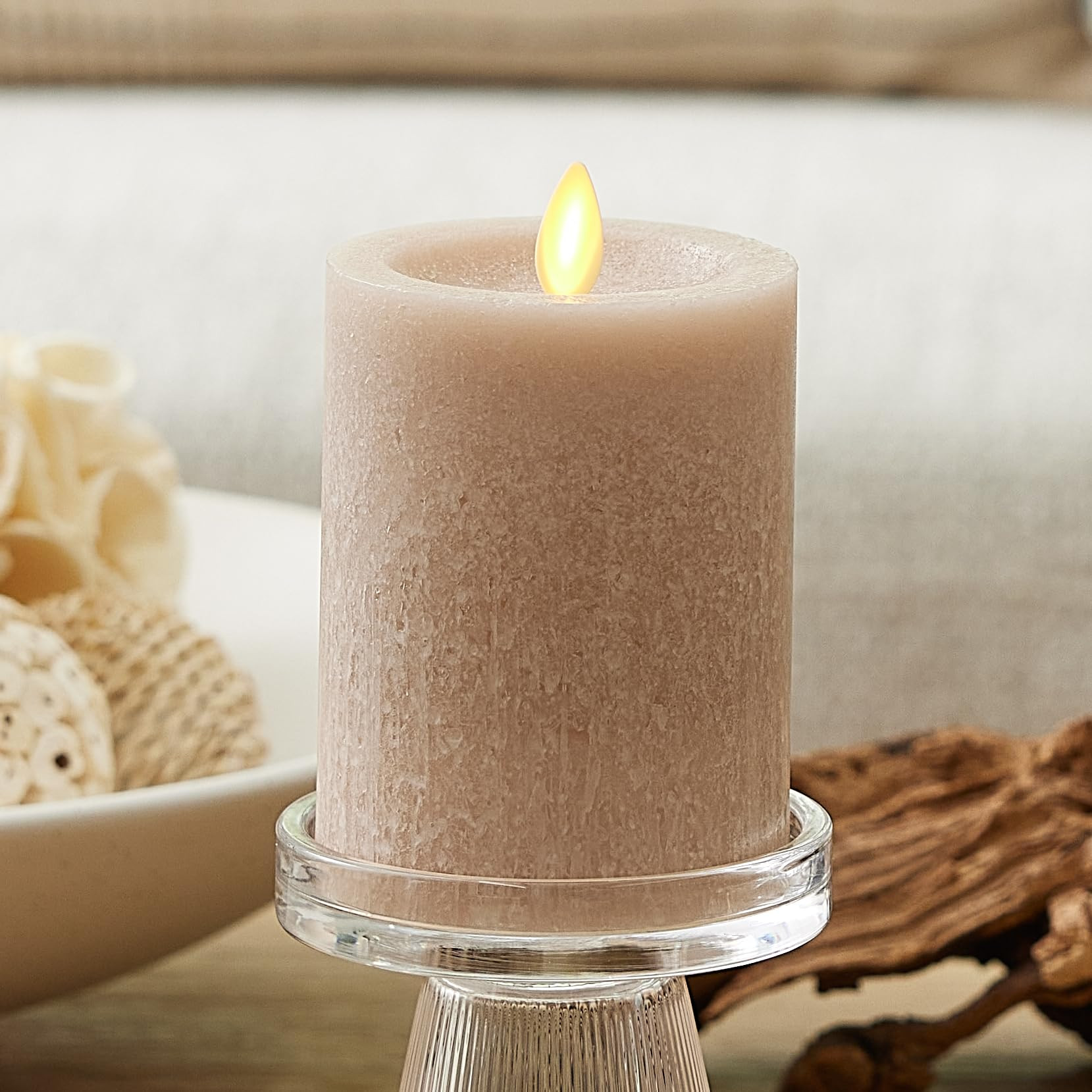 Luminara Sea Glass Flameless Candle, Timeless Taupe 3" x 4.5", Moving LED Flame Pillar with Timer... | Amazon (US)