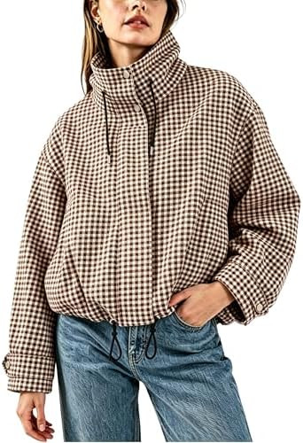 Esmeling Women Gingham Zipper Bomber Jacket Stand Collar Long Sleeve Jacket Cropped Outwear with ... | Amazon (US)