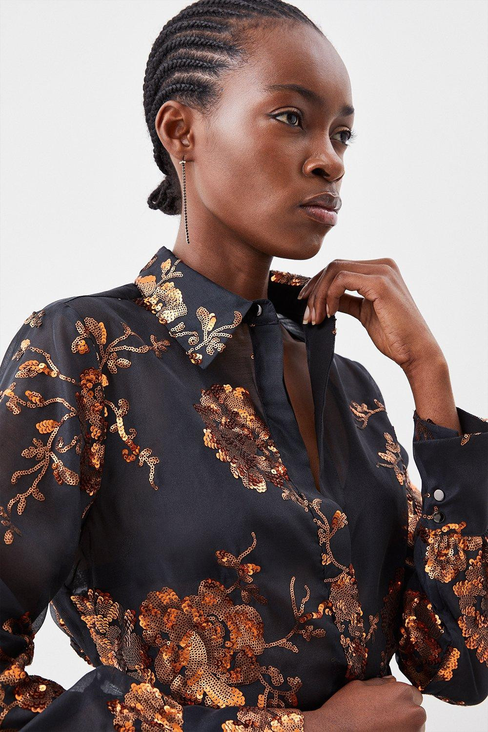 Sequin Organza Rose Print Shirt | Karen Millen US