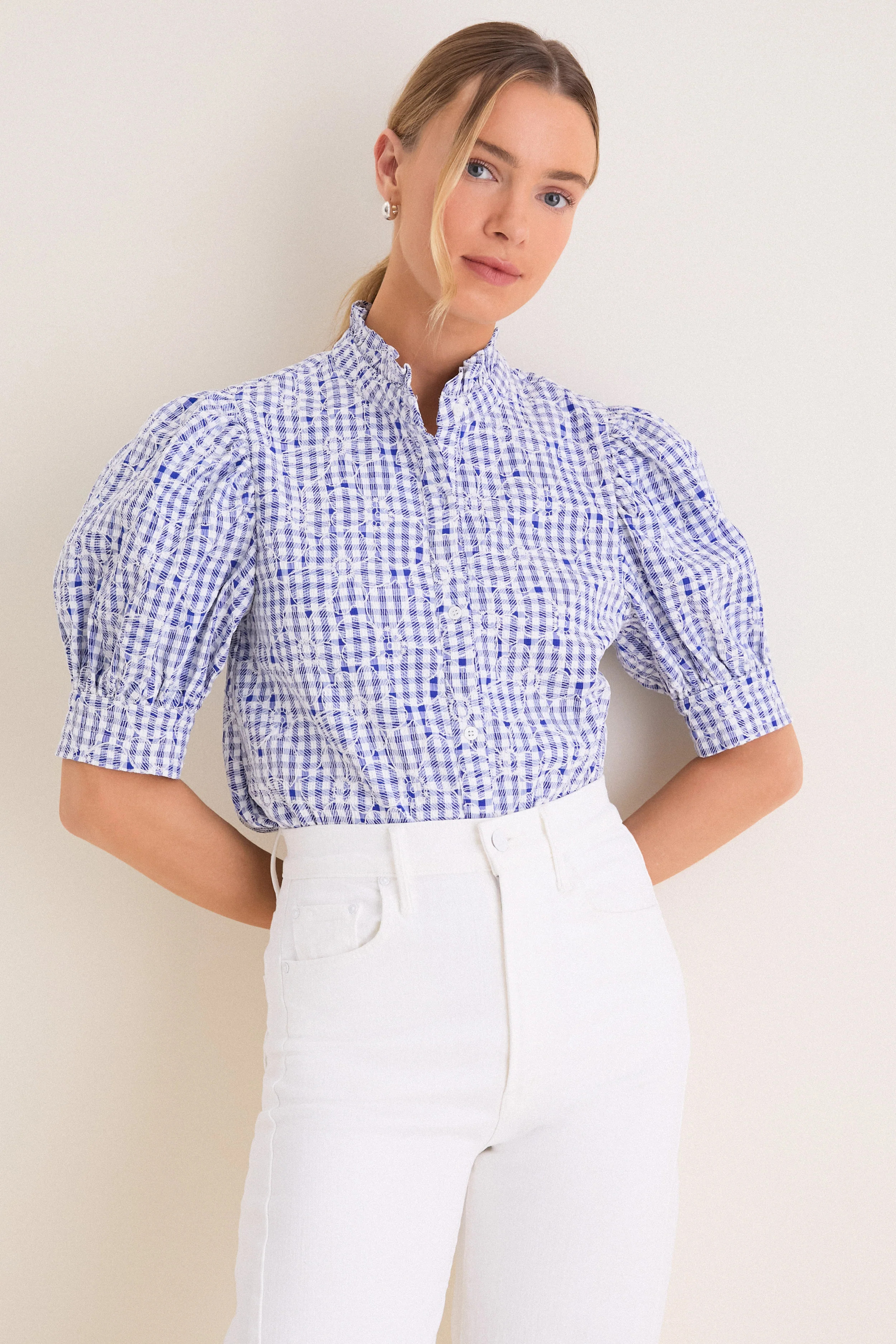 Blue Embroidered Gingham Louisa Blouse | Tuckernuck (US)