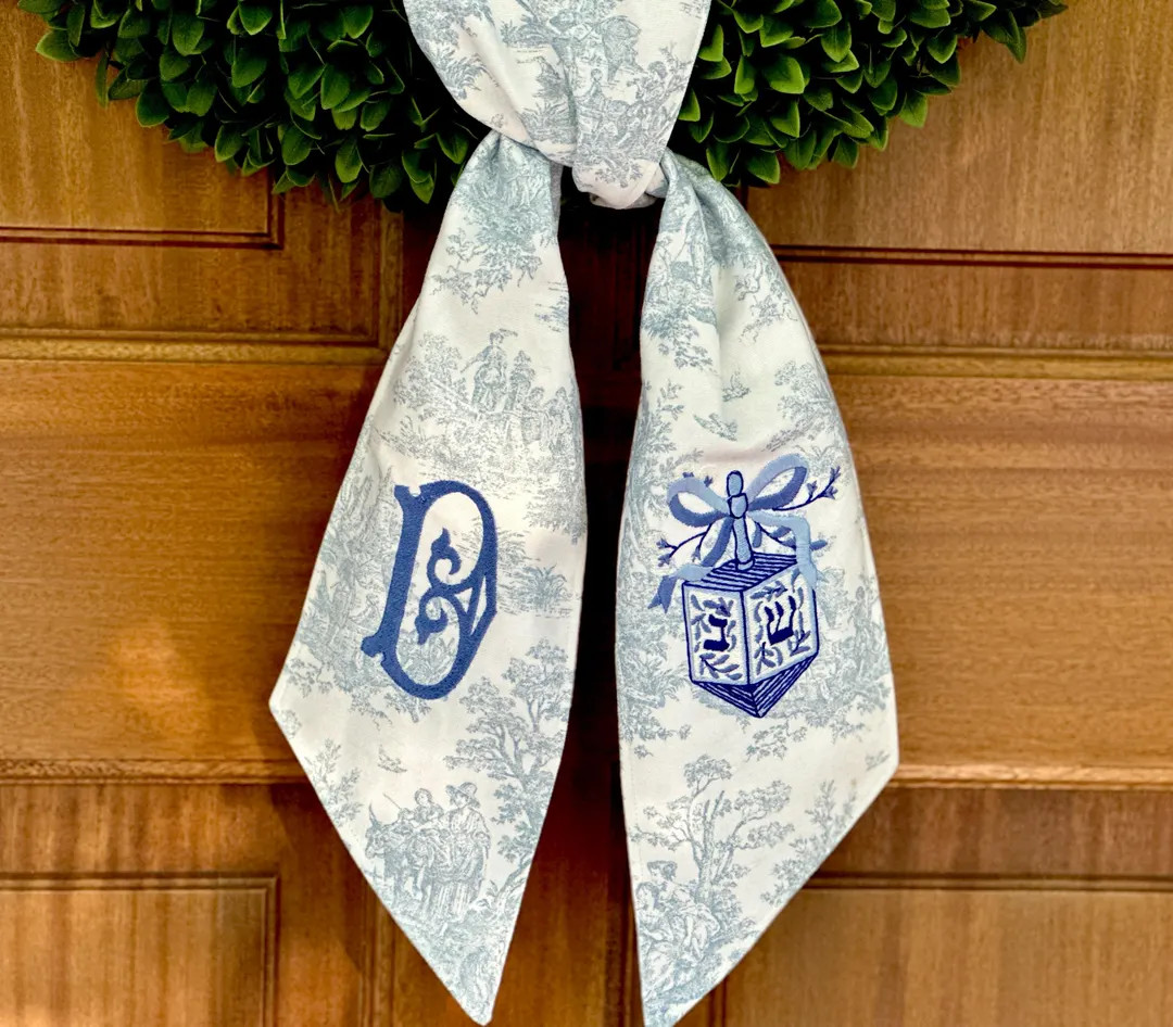 Custom Pale Blue Hanukkah Dreidel Wreath Sash, Personalized Holiday Toile Swag, Monogrammed Wreat... | Etsy (US)