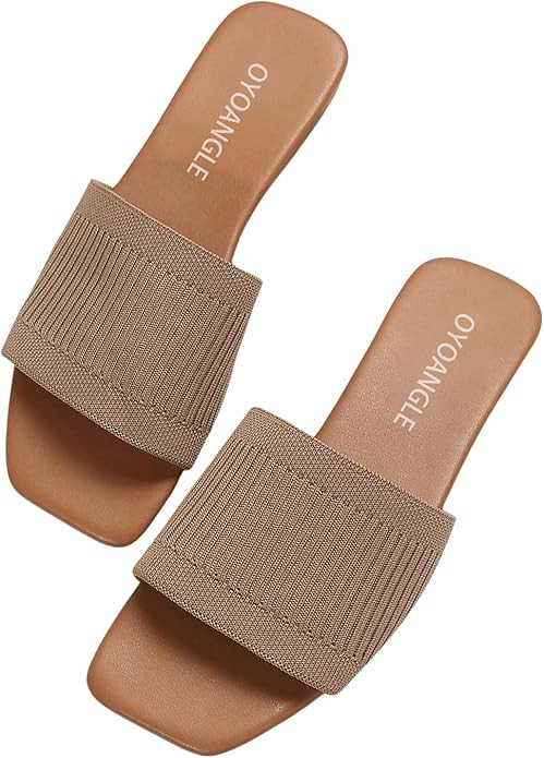 OYOANGLE Women's Single Band Square Open Toe Slide Sandals Summer Slip on Flat Sandals | Amazon (US)