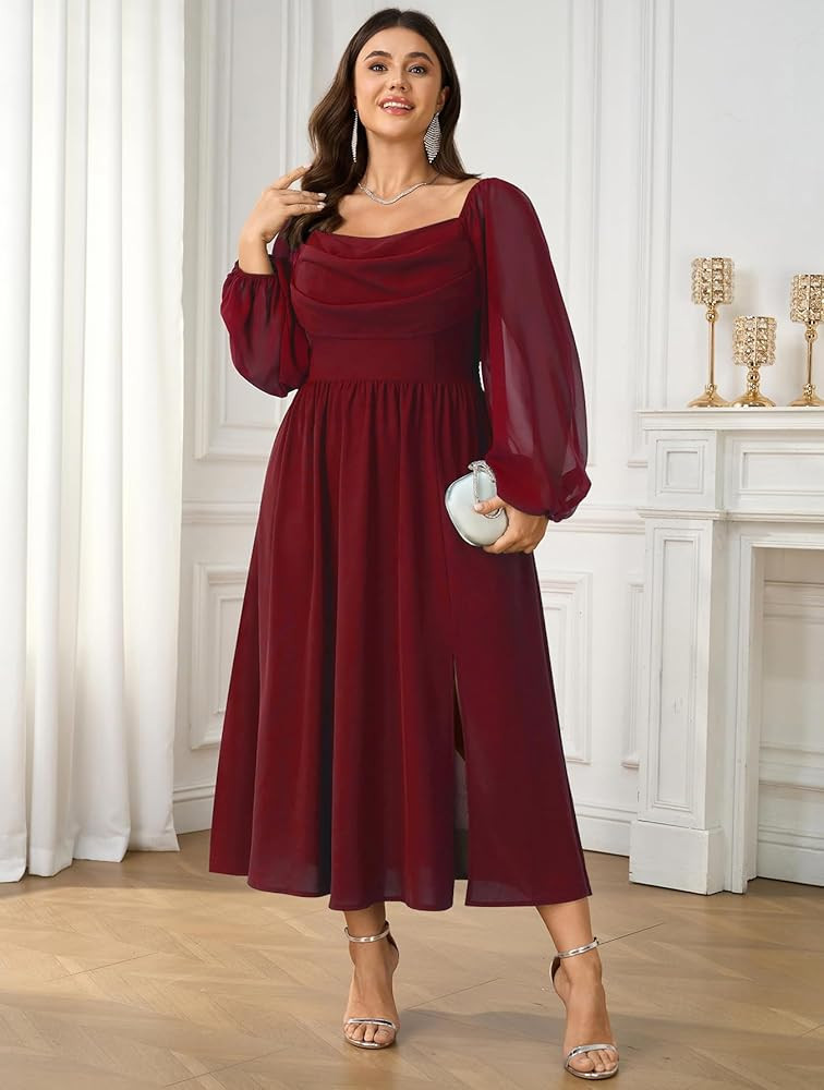 Women's Plus Size Dress Chiffon Long Sleeve Cowl Neck Wedding Guest Cocktail Party Maxi Dress | Amazon (US)