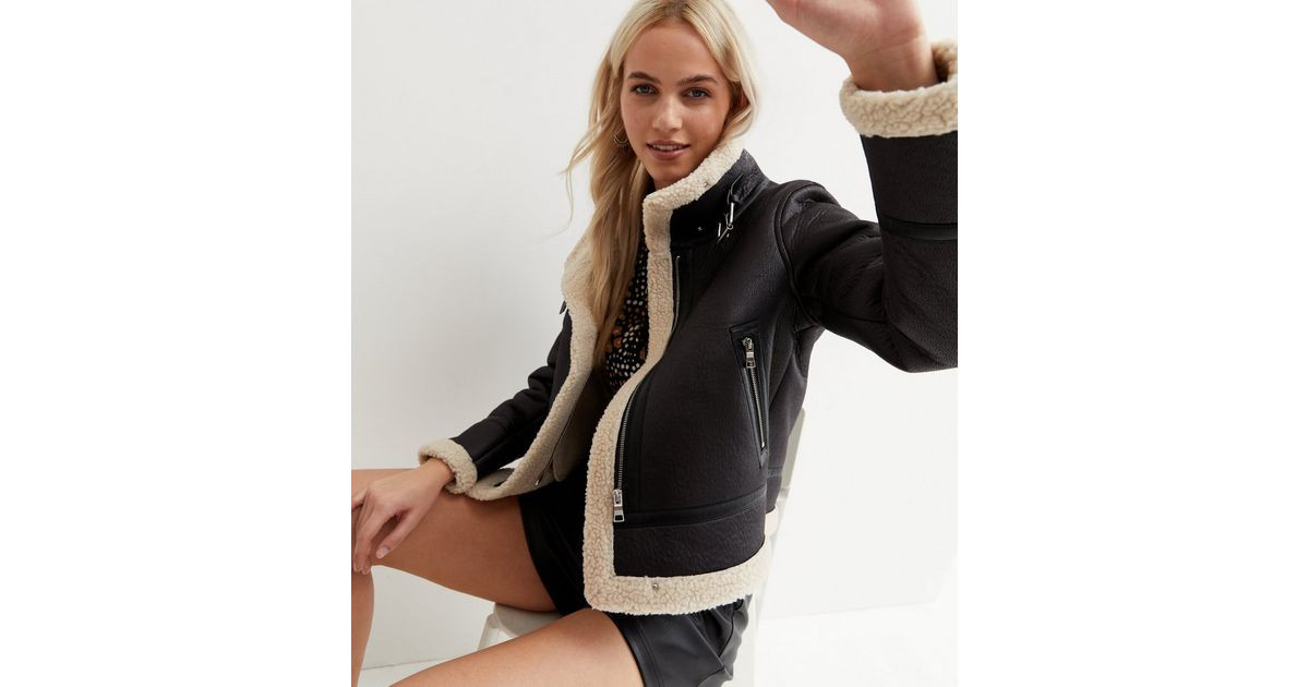 Black Leather-Look Teddy Lined Aviator Jacket
						
						Add to Saved Items
						Remove from S... | New Look (UK)