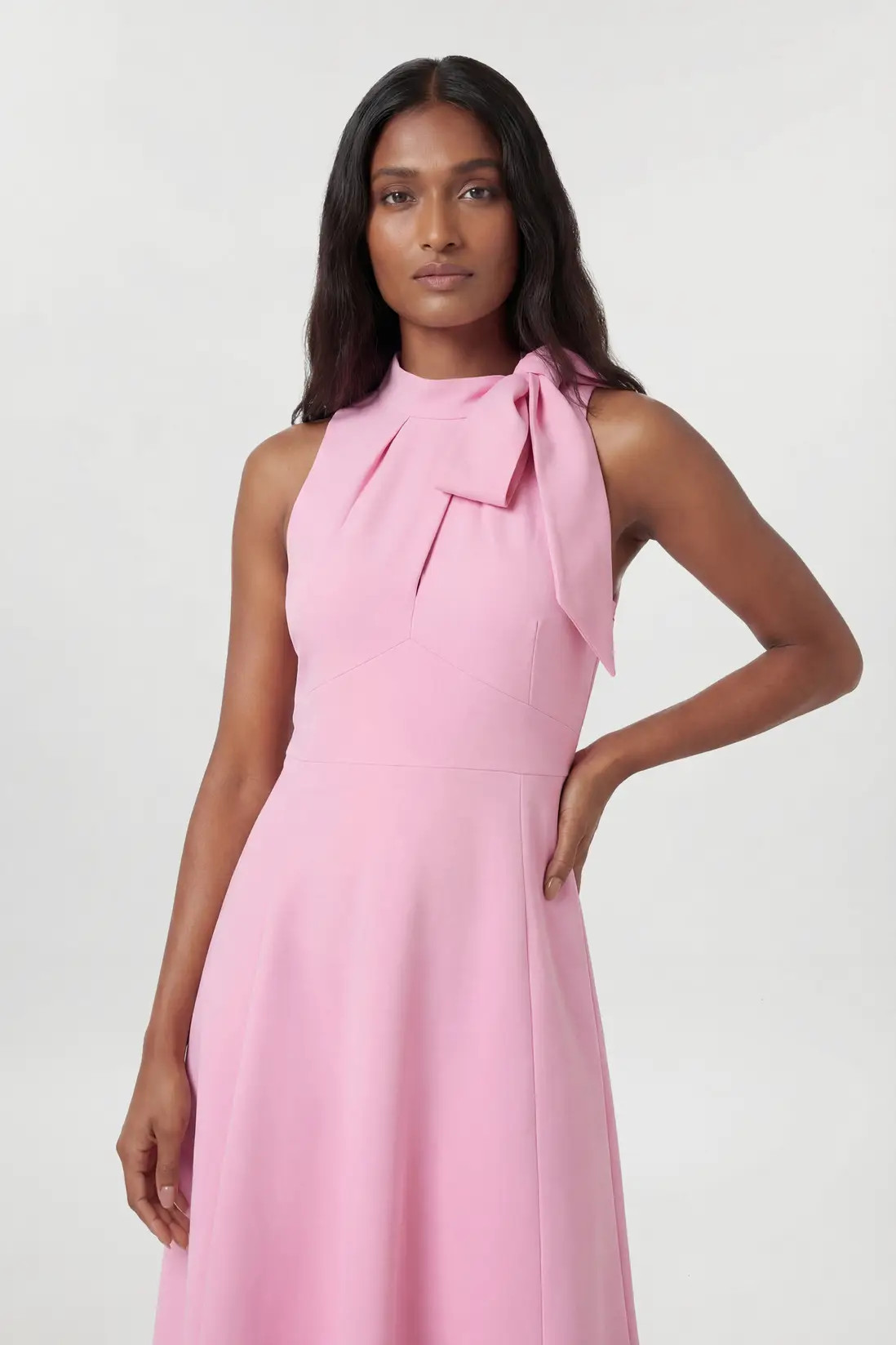 Compact Stretch Bow Tie Neck Full Skirted Midi Dress | Karen Millen
