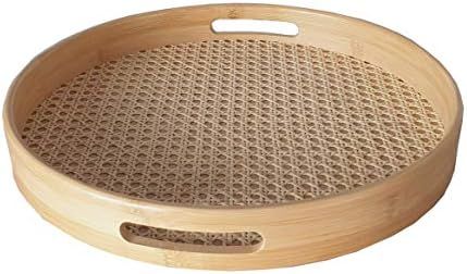 Large Round Serving Tray | Bamboo Wood Tray | Rattan Tray | 15 x 2 inch | with Handles for Breakf... | Amazon (US)