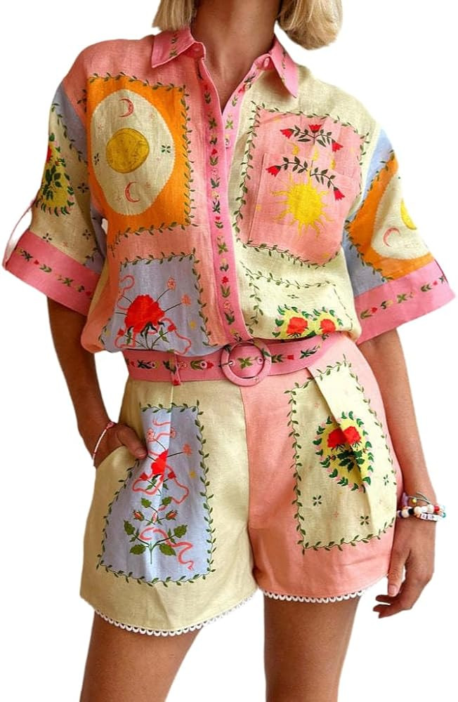 Wuitrie Two Piece Short Set for Women Casual Short Sleeve Collar Button Shirts Elastic Waist Shor... | Amazon (US)