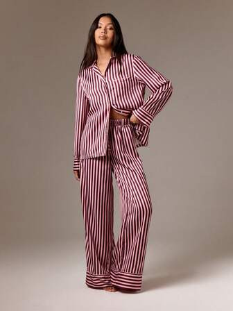AiiRZ Luxury Christmas Striped Satin Pajama Set Long Sleeve Button Down Shirt Pants Sleepwear Loungewear Night Suit Premium Comfort Wear Holiday Gift, Fall Clothes | SHEIN