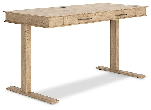 Signature Design by Ashley Elmferd Traditional 53" Adjustable Height Desk with USB Ports & 2 Drawers, Light Brown | Amazon (US)