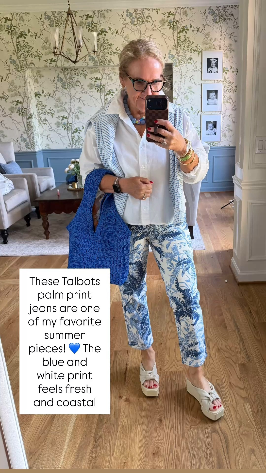 These Talbots palm print jeans are one of my favorite summer pieces! The blue and white print feels fresh and coastal, and pairing them with a crisp white button-down and a lightweight sweater over the shoulders creates an effortlessly polished look. Finished with platform sandals and a woven tote, it's perfect for lunch, travel, or summer outings.

💡 LTK MADE EASY
❤️ Heart = Support my posts!
📌 Save = Get sale & restock alerts
📋 Lists = Keep favorites organized
📲 Share = Send lists and products to a friend. Hello, Christmas List! 💬
💬 Comment = Ask me anything about sizing or fit. :-)

#LTKootd #LTKOver40 #LTKSaleAlert