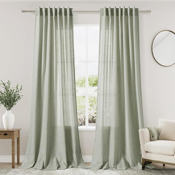 Sage Curtains 90 inches Long 2 panels for Living Room Back Tab Rod Pocket Semi Sheer Linen Draper... | Amazon (US)