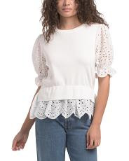 Short Sleeve Embroidered Eyelet Combo Twofer Top | TJ Maxx