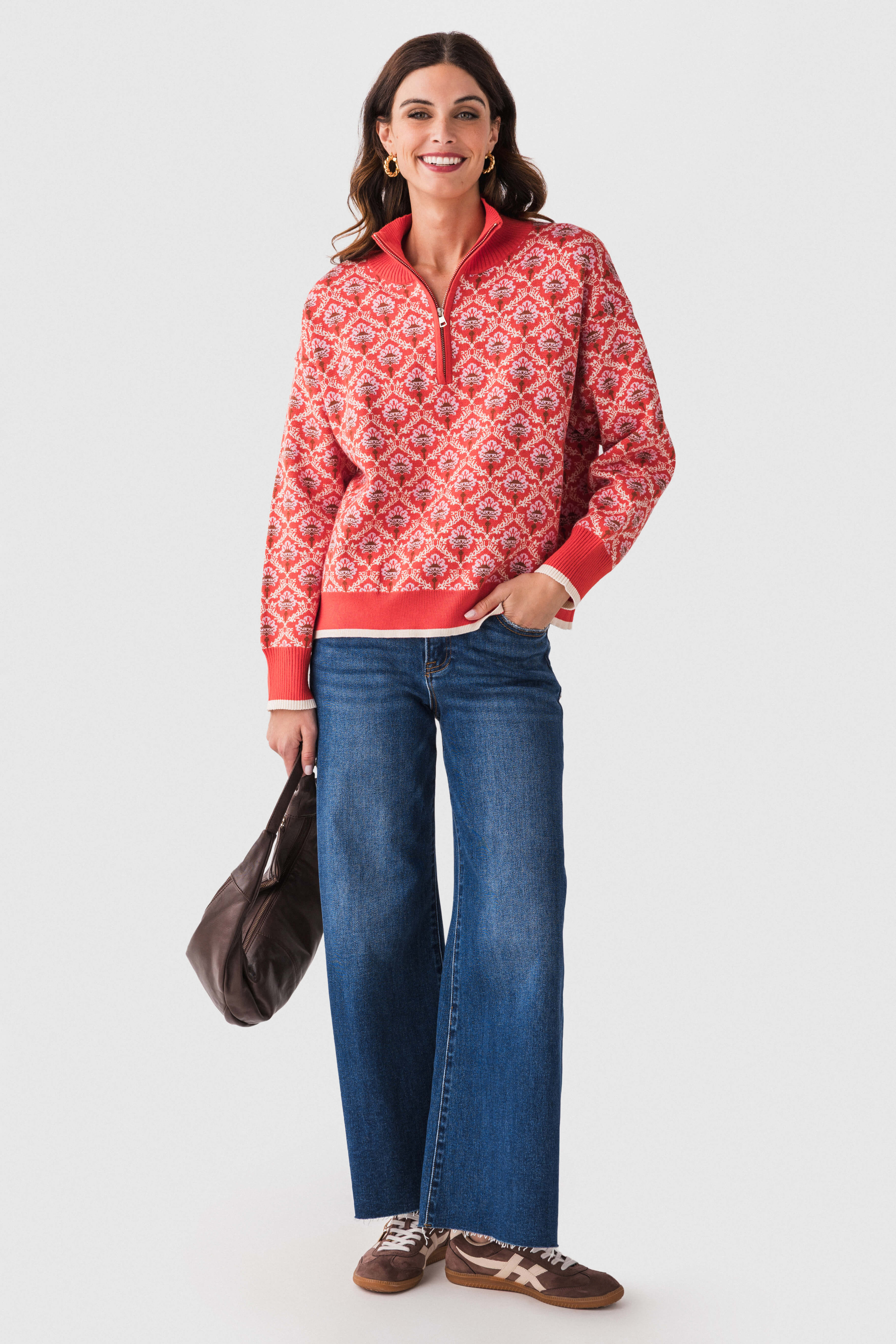 &Merci Floral Half Zip Pullover Sweater | Social Threads