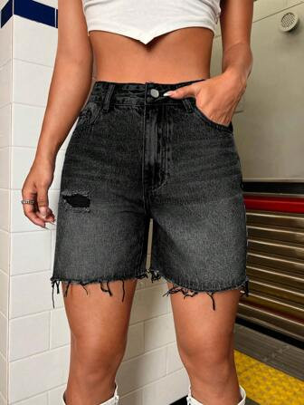SHEIN ICON Women`S Patchwork Frayed Hem Ripped Casual Denim Shorts | SHEIN