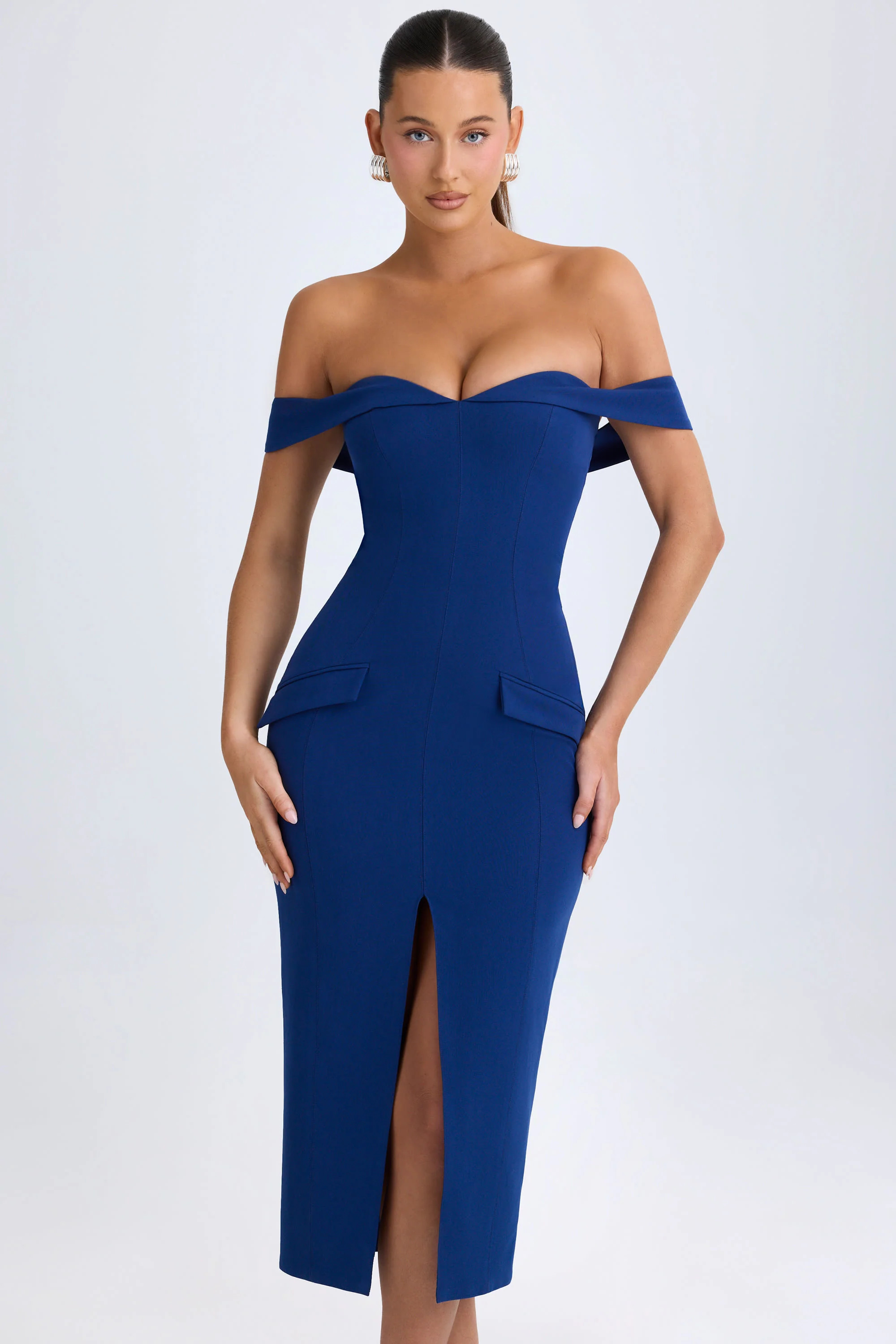 Off-Shoulder Midaxi Dress in True Navy | Oh Polly