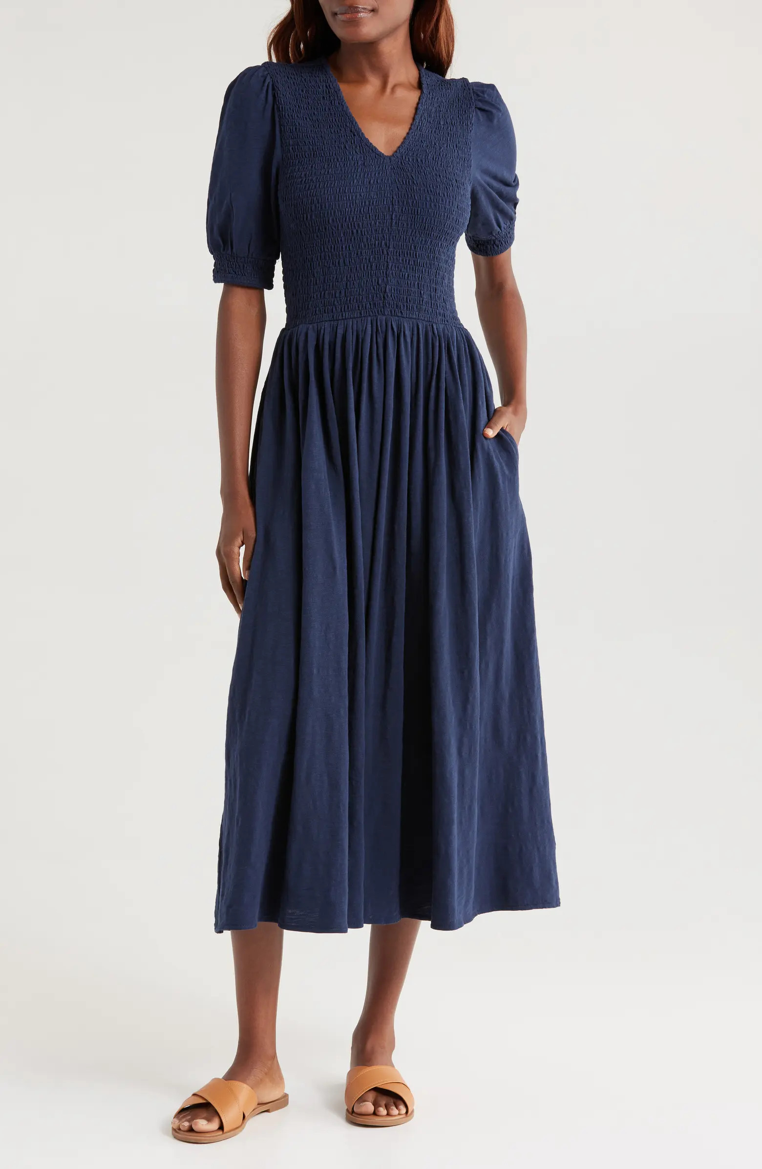 Caslon® Smocked Bodice Cotton Jersey Midi Dress | Nordstrom | Nordstrom