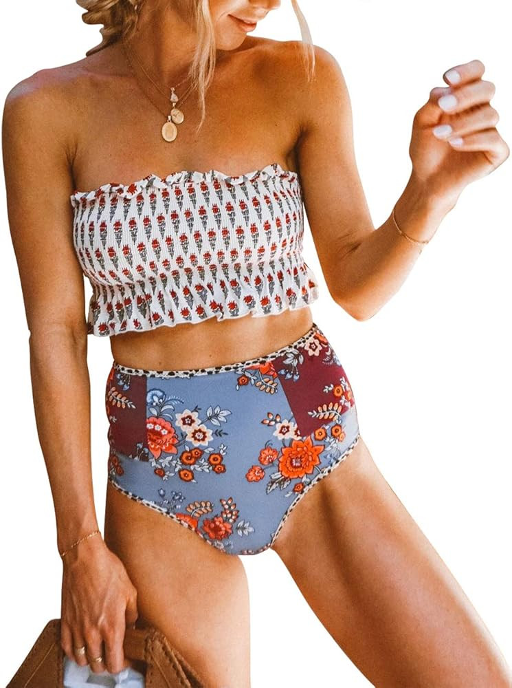 Women's Summer Floral Printed High Waist Ruched Smocked Beach Bikini Sets Swimsuit Bathing Suit | Amazon (US)