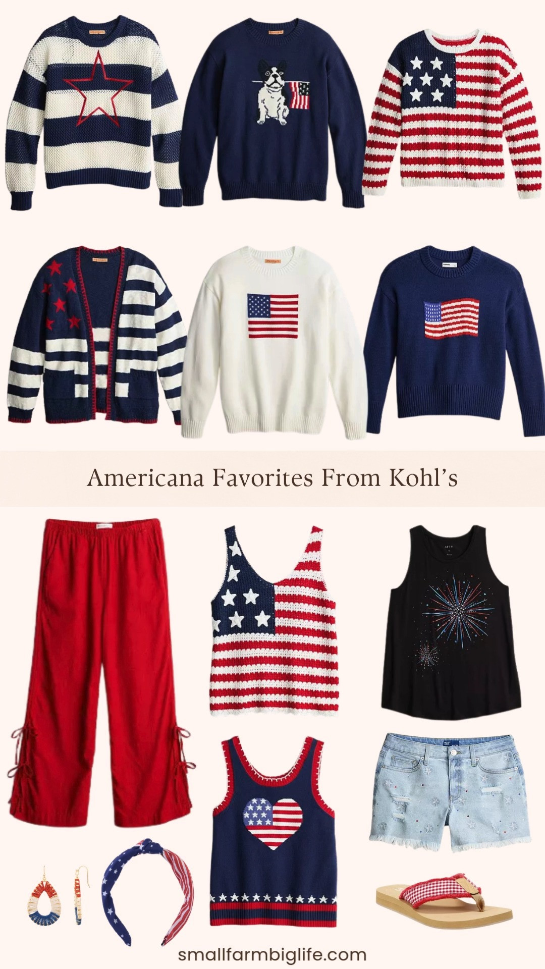 Fourth of July is right around the corner and Kohl's has so many fun Americana pieces right now at great prices. I love the crochet flag tanks and sweaters for a casual and festive look, and the fireworks embellished tank and American flag heart tank are such cute options for a backyard cookout. The red side tie wide leg pants are a great statement piece that would look so good styled with a simple white top, and the stars distressed denim shorts are a classic summer staple. Do not forget the pups because the American flag dog sweater is adorable. The thread wrapped Americana earrings and flag headband are the perfect finishing touches to any Fourth of July outfit. Tap to shop before the holiday! 

 #LTKSeasonal #LTKOver40 #LTKSaleAlert