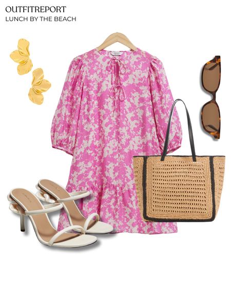 Pink mini dress white sandal heels brown straw handbag brown sunglasses and gold earrings 

#LTKbag #LTKshoes #LTKstyletip