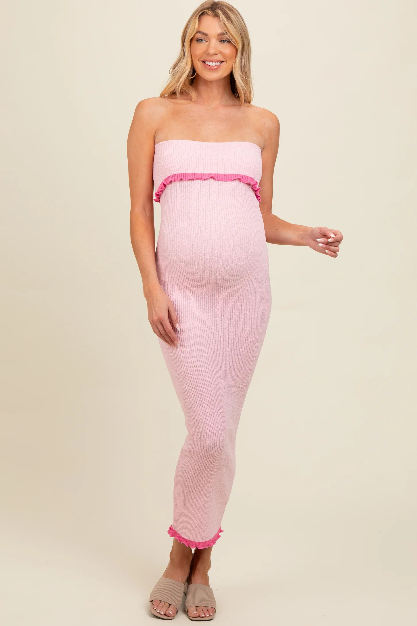 Pink Contrast Trim Maternity Strapless Knit Dress | PinkBlush Maternity