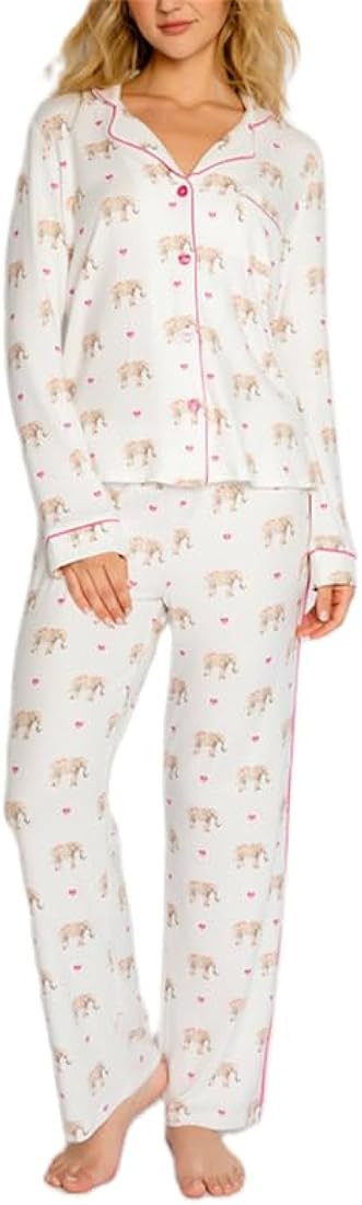 Women 2 Piece Casual Lounge Outfits Pajamas Set Long Sleeve Heart Cartoon Printing Button Down Sh... | Amazon (US)