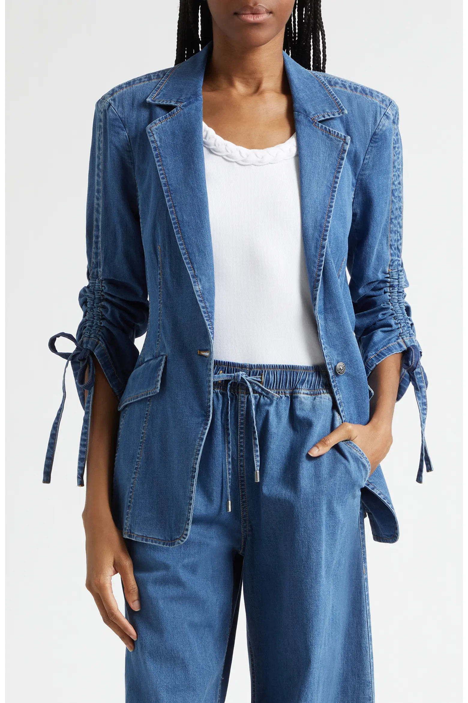 Cinq à Sept Norah Ruched Sleeve Denim Blazer (Women) | Nordstrom | Nordstrom