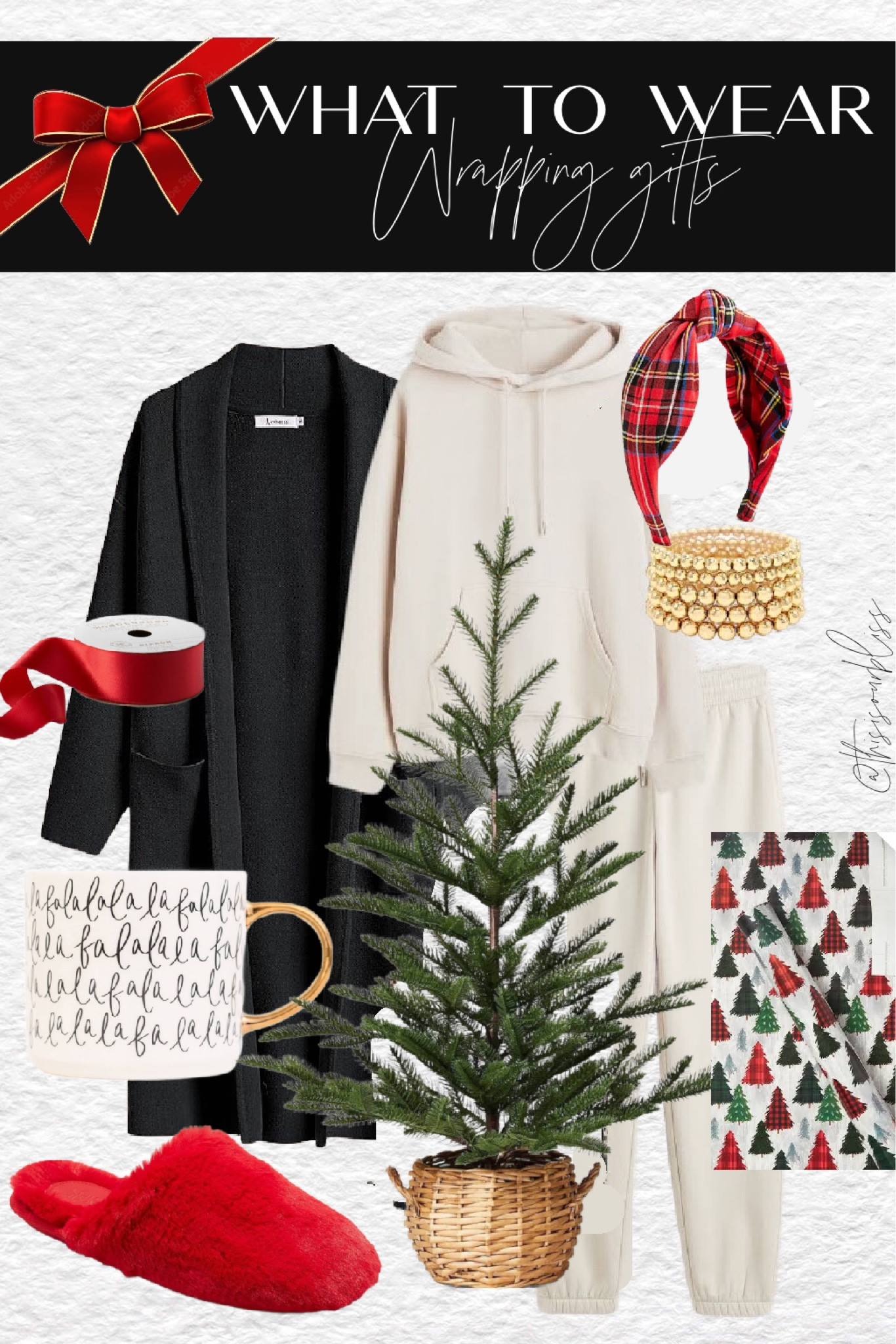 Cream hoodie & sweat pants with black long sweater coat, 🖤red furry slippers ❤️ plaid headband, red satin ribbon, Christmas coffee mug - so cute! 🎄 

#LTKHoliday #LTKsalealert #LTKfindsunder50