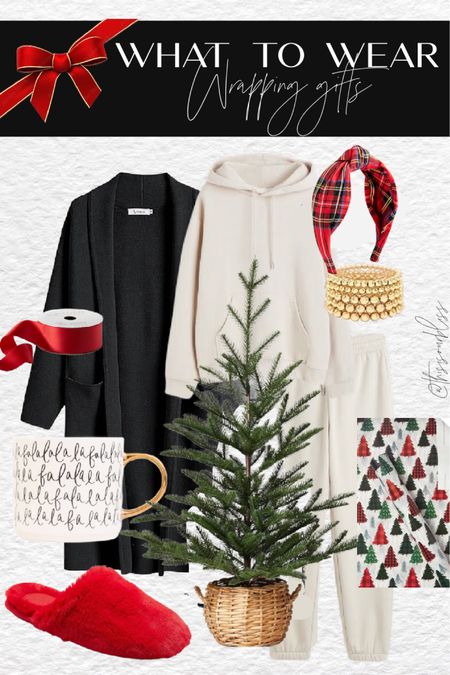 Cream hoodie & sweat pants with black long sweater coat, 🖤red furry slippers ❤️ plaid headband, red satin ribbon, Christmas coffee mug - so cute! 🎄 

#LTKHoliday #LTKsalealert #LTKfindsunder50