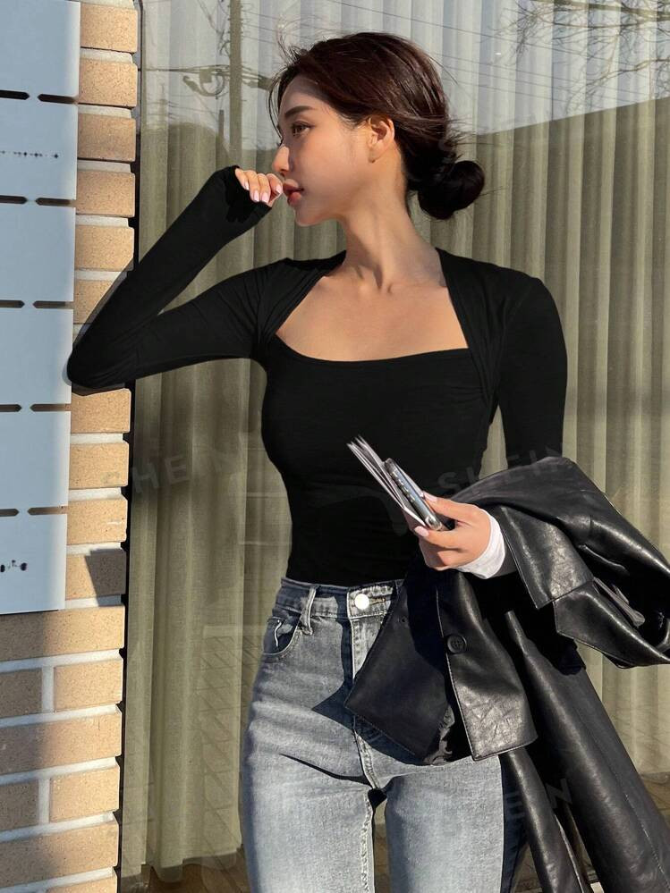 DAZY Women's Swan Neck Long Sleeve T-Shirt | SHEIN