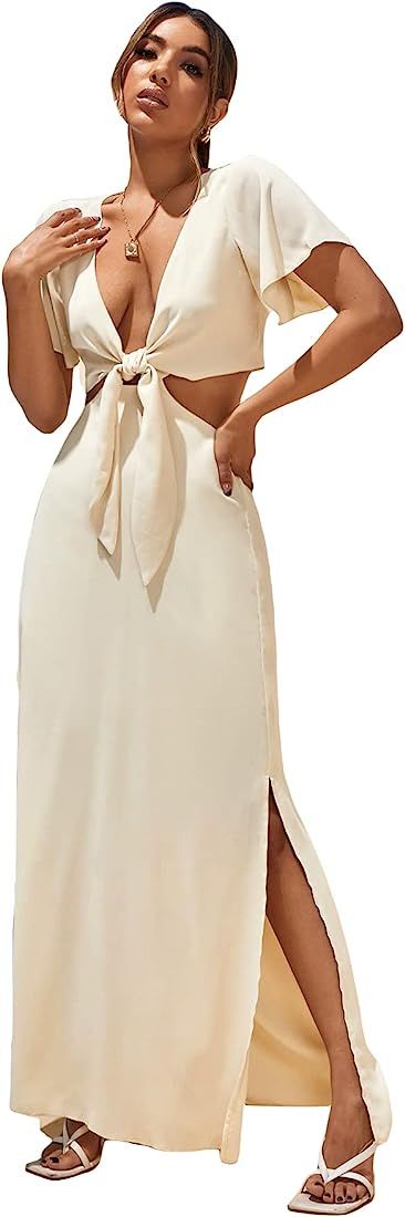 Cozyease Women's Short Sleeve Maxi Dress Tie Front Split Hem A Line Dress Summer Casual | Amazon (US)