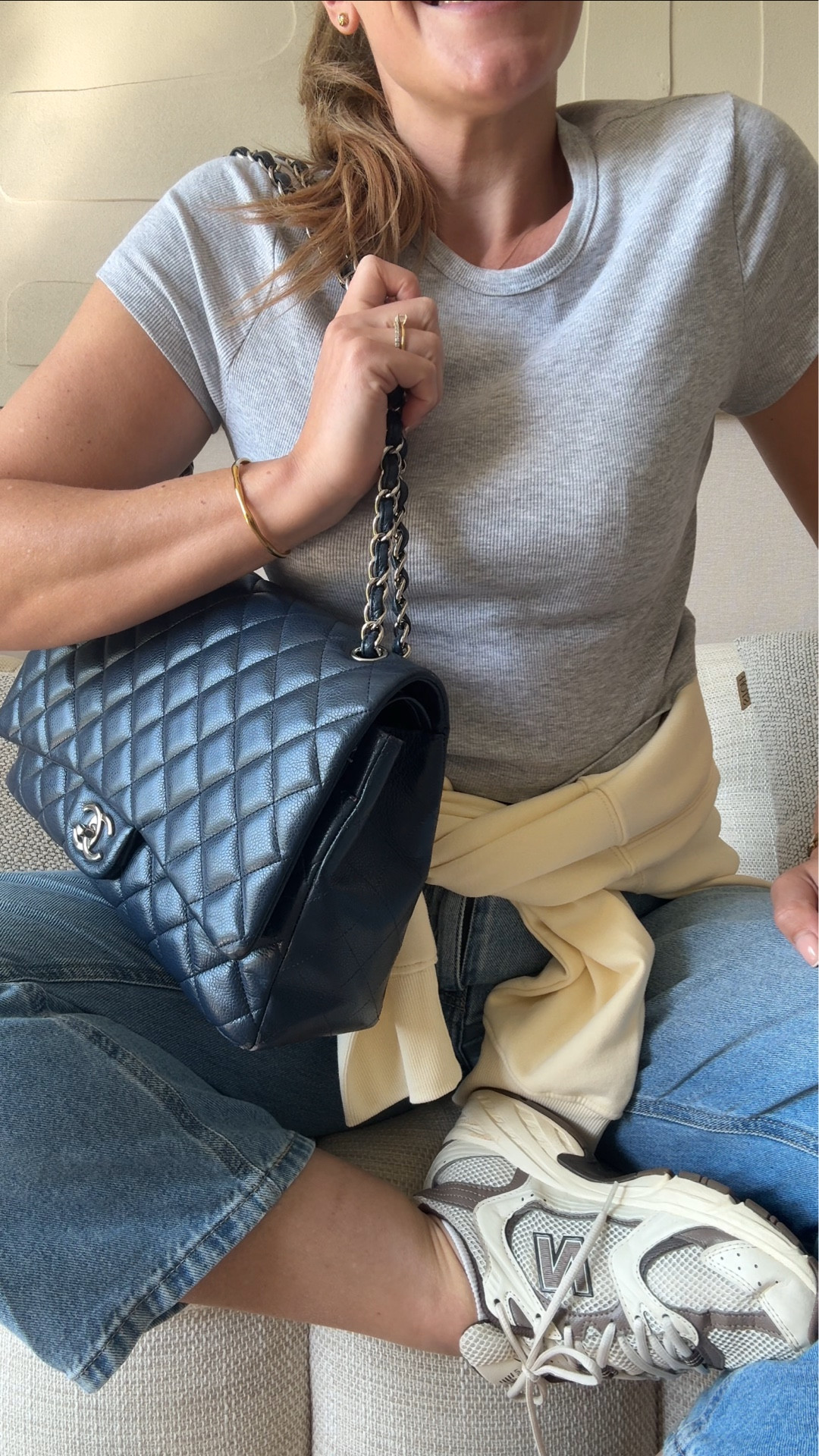 Day five of 30 days of spring outfit ideas on a mid-size body 💛☀️✨🍋Sunday casual outfit! 
New balance 530 in Brown cream, light blue wash barrel jeans, grey ripped cropped tea shirt, navy vintage CHANEL handbag, Rayban classic sunglasses, lemon/butter, yellow Hoodie oversized ￼

#LTKeurope #LTKjeans #LTKuk