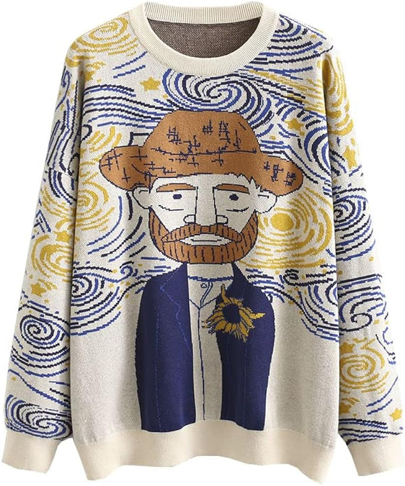 Women's Long Sleeve Crew Neck Sweatshirt Knit Pullover Casual Van Gogh Cartoon Sweater | Amazon (US)