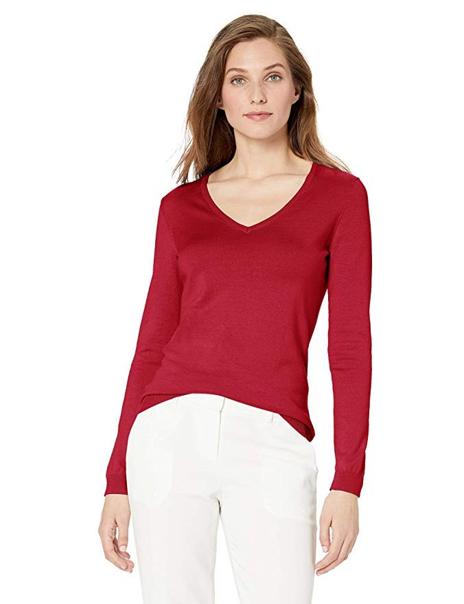 Lark & Ro Women's Long Sleeve V Neck Pima Cotton Sweater | Amazon (US)