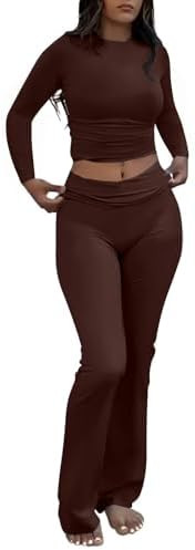AYWA Women's 2 Piece Outfits Foldover Flare Pants Long Sleeve Crew Neck T-shirt Fitted Pajama Set... | Amazon (US)