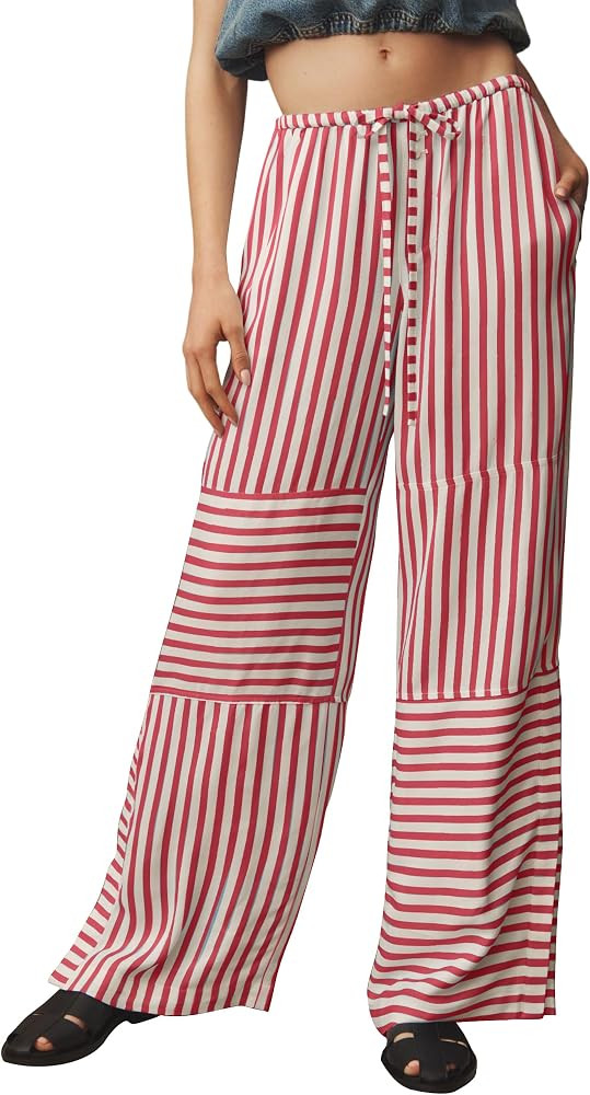 Women Drawstring Striped Wide Leg Pajama Bottoms Casual Trouser Side Slit Low Rise Loose Lounge P... | Amazon (US)