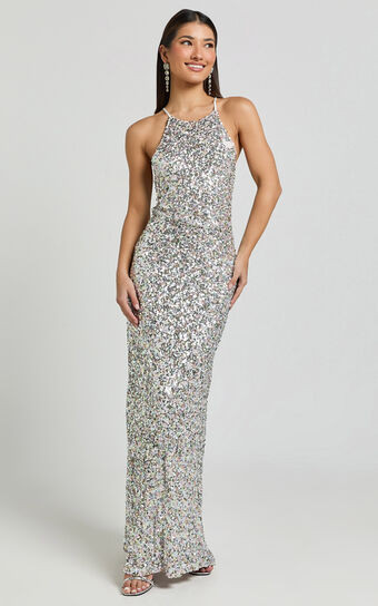 Frieda Maxi Dress - Halter Neck Cross Back Sequin Dress in Rainbow Silver | Showpo (US, UK & Europe)